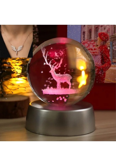 Kişiye Özel Geyik Işıklı Cam Küre 8cm 6cm Melek Kolye Hediyeli