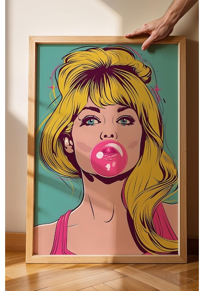 Balon Çiklet Şişiren Kadın Çerçeveli Tablo - Pop Art Poster Tablo