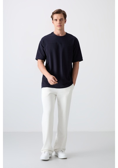 Tommy Life Lacivert Pamuklu Kalın Yumuşak Dokulu Oversize Fit Basic Erkek T-shirt - 88349 Lacivert