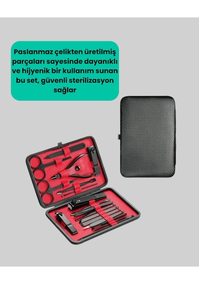 17 Parçalı Deri Kaplamalı Paslanmaz Çelik Manikür Seti