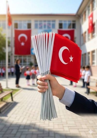 Premium 23 Nisan Türk Bayrağı - Tekli Alpaka Plastik Saplı, 20x30cm Tek Ebat