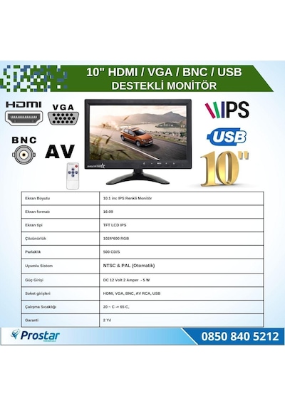 10.1 İnç Büyük Ekranlı Hdmi Vga Bnc Av Usb Girişli Monitör