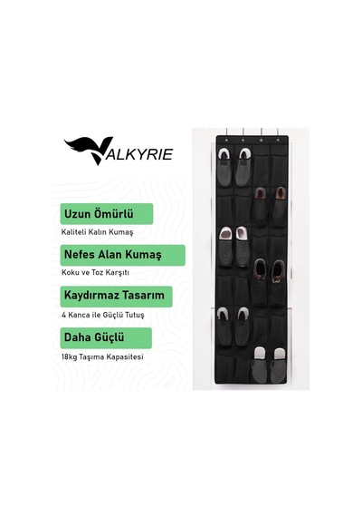 Valkyrie Kapı Arkası Ayakkabı Organizer 24 Gözlü Askılı Dolap İçi Düzenleyici 4 Kancalı Siyah siyah