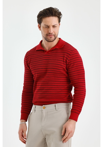 Erkek Patlı Slim Fit Çizgi Detaylı Uzun Kollu Polo Yaka Triko Kazak beyaz