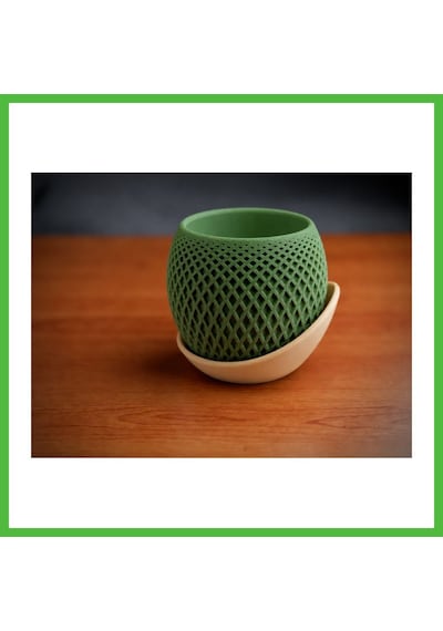 Vaveni 3d Baskı Küre Saksı - Kafes Dokulu İki Parçalı Dekoratif Saksı - Yeşil-bej Arz