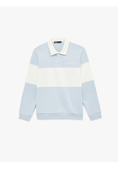 Koton Uzun Kollu İşlemeli Renk Bloklu Polo Yaka Sweatshirt Mavi 6sam70030mk Mavi