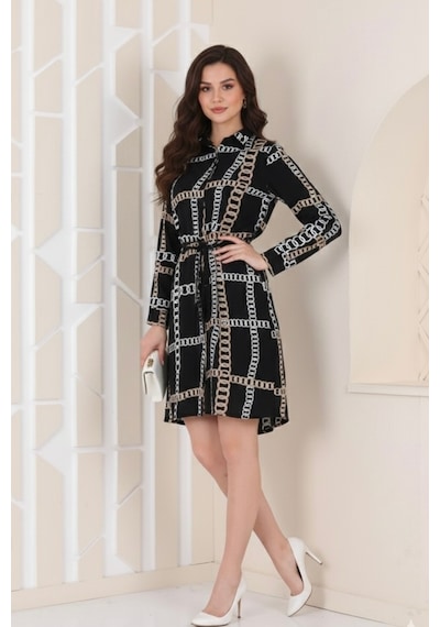 Polologin Butik Zincir Desenli Kuşaklı Gömlek Elbise - Siyah/ekru Siyah