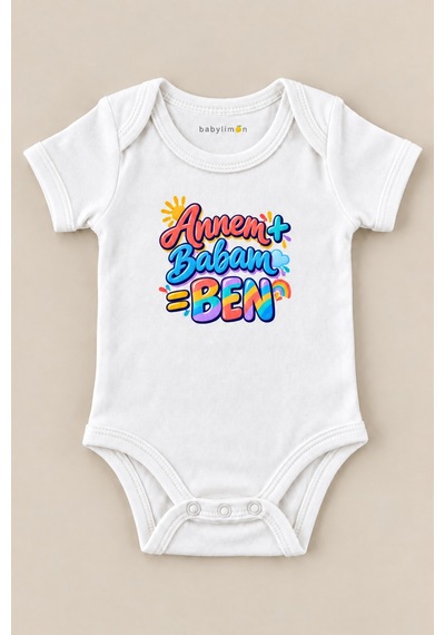 Babylimon Annem + Babam Ben Beyaz Kısa Kollu Çıtçıtlı Bebek Zıbını Beyaz - 930083977 Beyaz