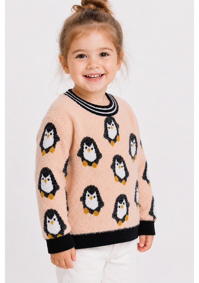 Penguen Desenli Kız Çocuk Kazak 23212 Somon