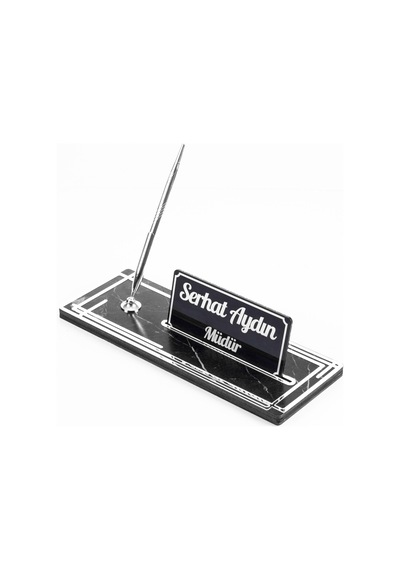 Space Gümüş Kalemli Ahşap Masa İsimliği Mermer Desenli Hediye Ofis Dekoratif Masa Üstü İsimlik