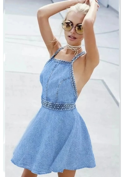 Fashion Cocktail Çift Bel Halat Örgülü Örme İp Çapraz Askılı Eteği Salaş Baharlı Sırt Açık Fermuarlı Kot Denim Elbise Mavi Fashion Cocktail Çift Bel Halat Örgülü Örme İp Çapraz Askılı Eteği Salaş Baharlı Sırt Açık Fermuarlı Kot Denim Elbise Mavi