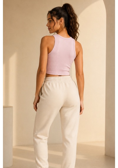 Loule Kadın 2'li Bisiklet Yaka Kolsuz Fitilli Crop Top Pudra-beyaz Çok Renkli