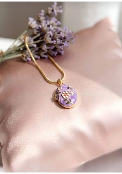 Lunarie Açılır Foto Madalyon Kolye 14k Gold Lila Mor Mineli Çiçek