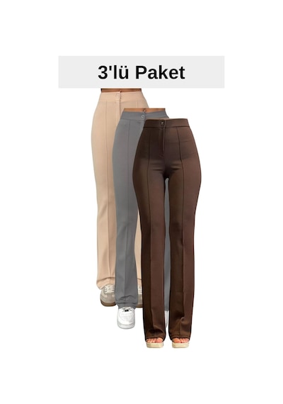 Thiff Gymwear Krep Kumaş Likralı Kadın Palazzo Pantolon 3'lü Set Bej-gri-kahverengi