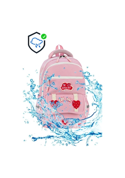 İlkokul Kız Çocuk Çantası 3'lü Set Kalpli Desen 40 30 Cm Beslenme Çantası Kalem Kutusu Ortopedik Pembe