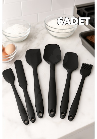 6 Adet Spatula Seti - 1. Kalite Çelik Silikon - Pastacı Spatula Seti - Isıya Dayanıklı Yapışmaz Siyah