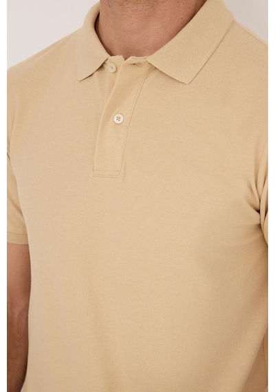Tudors Erkek Slim Fit Dar Kesim Pamuklu Yumuşak Dokulu Serin Tutan Kumaş Düz Pike Kum Beji Polo Yaka Tişört-33706 Bej