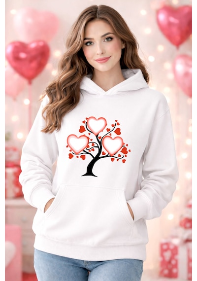Stil X Sevgililer Gününe Özel, Kapüşonlu Kadın Sweatshırt, Valentıne's Day Beyaz-8