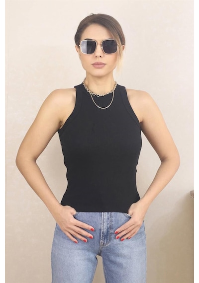 Ritnice Kadın Premium Doku Siyah Fitilli Pamuklu Atlet