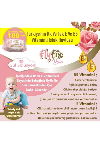 Flyfix Rose 12 Li 1200 Yaprak Islak Mendil Bebek Havlusu Gül Kokulu