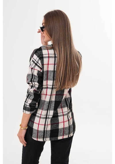 Polologin Butik Kadın Siyah Beyaz Kırmızı Çizgi Detaylı Gömlek Siyah