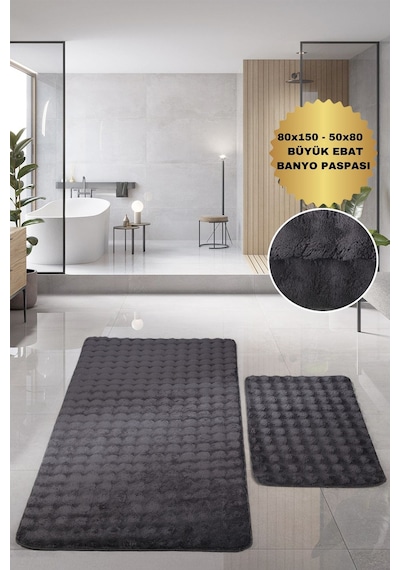 Bubble Antrasit Büyük Ebat 2'li Banyo Paspas Seti Kaymaz Tabanlı Yıkanablir Klozet Takımı Antrasit