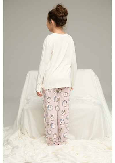 Siyah İnci Saat Desenli Pamuklu Bisiklet Yaka Örme Pijama Takım25241152 Ekru