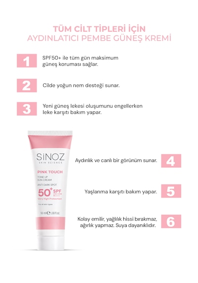 Sinoz Pink Touch Aydınlatıcı ve Ton Eşitleyici Pembe Yüz Güneş Kremi SPF50 50 ML