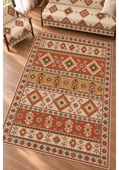 3 Lü Set 2 Adet 165x215 Cm Koltuk Örtüsü + 1 Adet 6m2 180x280 Cm Kaymaz Taban Dijital Baskılı Halı Kiremit