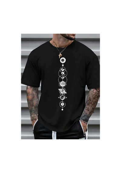 Caddemia Yaz Moda Rahat Spor Gevşek Uzay Gezegen Desen Baskılı Yuvarlak Boyun Kısa Ko Siyah 2XL Caddemia Yaz Moda Rahat Spor Gevşek Uzay Gezegen Desen Baskılı Yuvarlak Boyun Kısa Ko Siyah 2XL
