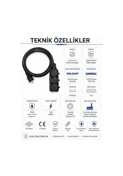 Ünal Kablo Sanayi Tipi Ağır Hizmet Uzatma Kablosu 15 Metre 3x2.5 Mm %100 Tam Bakır Seldur Kauçuk 3'lü Grup Priz Orel Kauçuk Fiş Ip54 Ip44 15 M