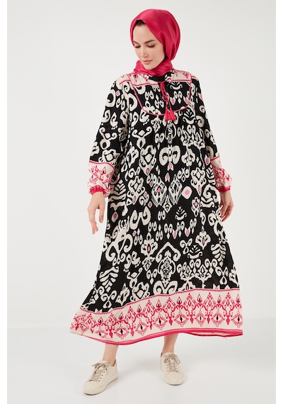 Lela Modest Desenli Regular Fit Bağlamalı V Yaka Maxi Bayan Elbise 611El510 Siyah