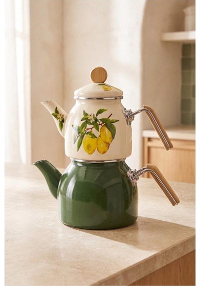 Bambum Unique - Bambu Kulplu Emaye Çaydanlık Takımı Limon