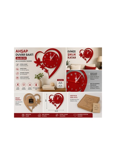 Kalp Detaylı Kırmızı Renk Sessiz Mekanizma 26x30 Cm Duvar Dekoru Modern Saat Odanıza Modern Hava Katar