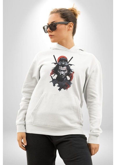 Asyalı Japon Samuray Savaşcı Kadın Erkek Beyaz Kapüşonlu Sweatshirt Hoodie Beyaz