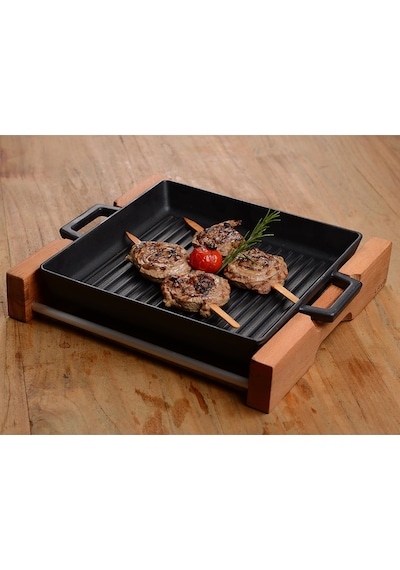 Lava Döküm Izgara Tava Metal Kulplu Ahşap Standlı 26 x 26CM