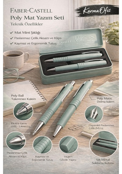 Faber-castell Poly Mat Yazım Seti Mint Dolma Kalem & Xb Tükenmez Kalem + Metal Kutu Diğer