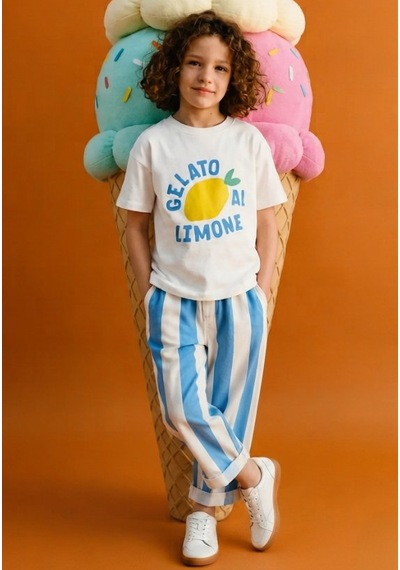 Laci'el Paris Çocuk Çizgili Baggy Denim Pantolon Mavi - Beyaz