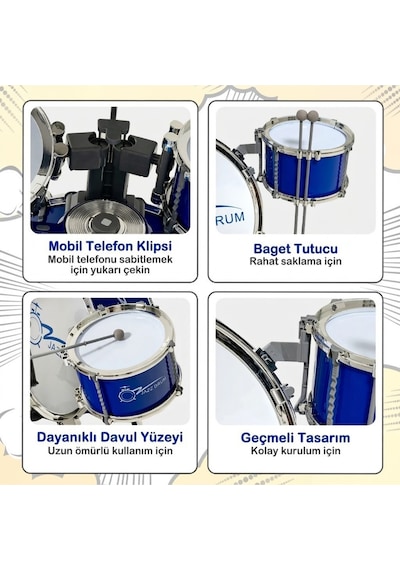 Mikrofonlu Işıklı Sesli Bateri Seti - Piyanolu Tabureli & Bagetli Eğitici Çocuk Bateri Takımı - Mavi