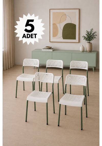 Mira Beyaz/ Yeşil Sandalye Plastik Gövdeli Metal Ayaklı, Mutfak Sandalyesi, Çalışma, Bahçe, Yemek Oda Beyaz/yeşil- 5 Adet