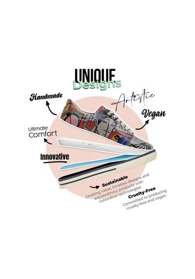 Kadın Vegan Deri Gri Sneakers - Cubic Faces Tasarım Çok Renkli
