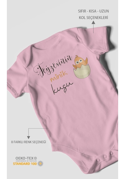 Teyzesinin Minik Kuşu Baskılı Bebek Zıbını Çıtçıtlı Body %100 Pamuk Kısa Kol Koyu Pembe