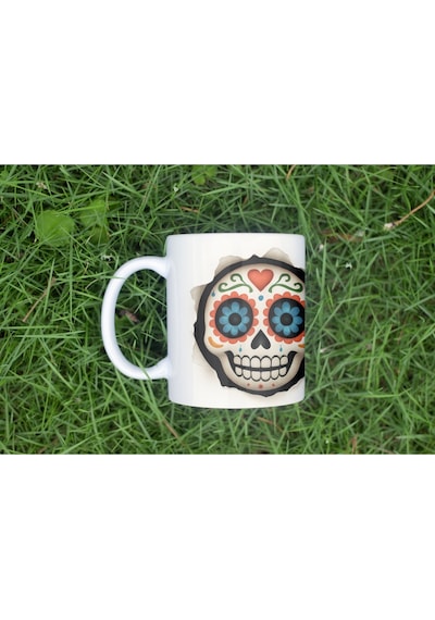 3d Görünümlü Etnik Kafatası Kupa Bardak Renkli Sugar Skull Day Of The Dead Tasarım - Kabartmasız Beyaz