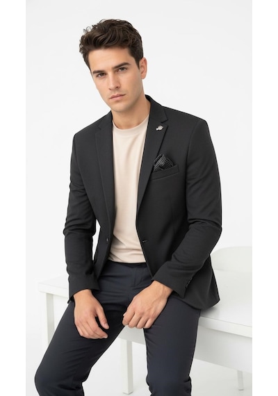 Plus Scorpion Erkek Siyah Blazer Ceket İtalyan Kesim, Tek Düğmeli, Tek Yırtmaçlı Şık Klasik Model Siyah