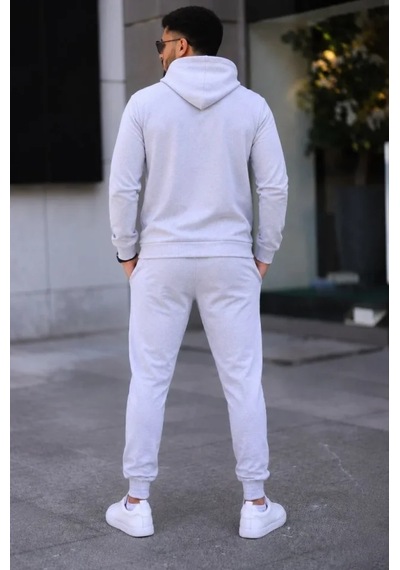 Erkek İki İplik Kapüşonlu Kanguru Cepli Sweatshirt Jogger Pantolon Alt Üst Eşofman Takımı -beyaz