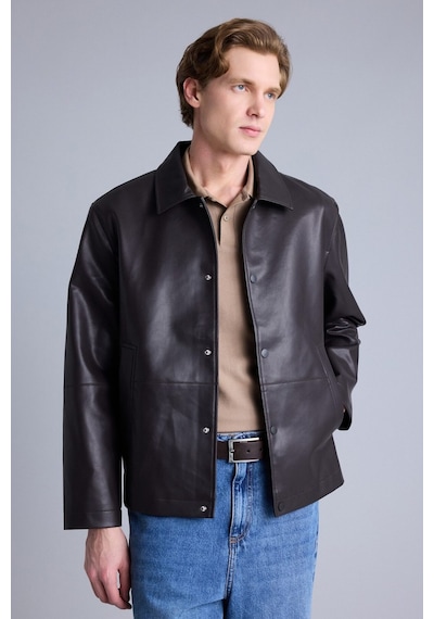 Defacto Regular Fit Polo Yaka Astarlı Çıtçıt Kapamalı Cepli Suni Deri Mont H2233ax26aubn338 Kahve-bn338