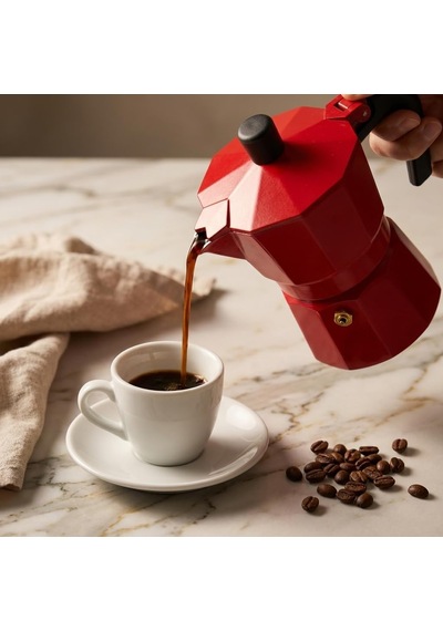 Kırmızı Moka Pot 3 Fincanlık, 180 Ml Alüminyum Espresso Demliği, Ocak Üstü Kahve Cezvesi, Gazlı Elektrikli Seramik Ocak Uyumlu, 9x12x17 Cm