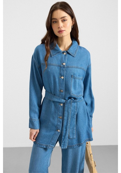 Olcay Metal Düğmeli Soft Denim Ceket Pantolon Mavi 9401-tk
