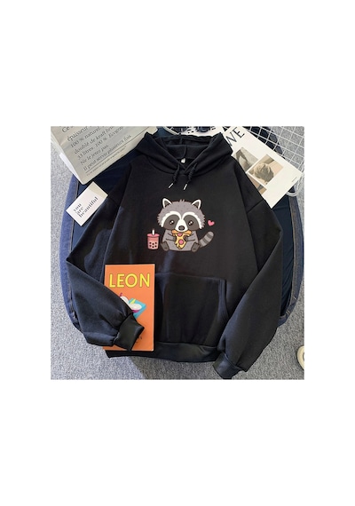 Tarzsokak Siyah Sevimli Rakun Yeme Kabarcık Süt Çay Ve Pizza Hoodies Kawaii Karikatür