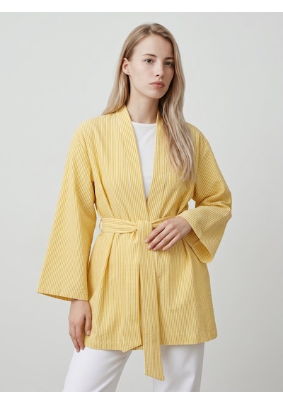 Saade Sââde Kadın Dikey Çizgili Geniş Kollu Şık Yazlık Relaxed Kimono Sarı